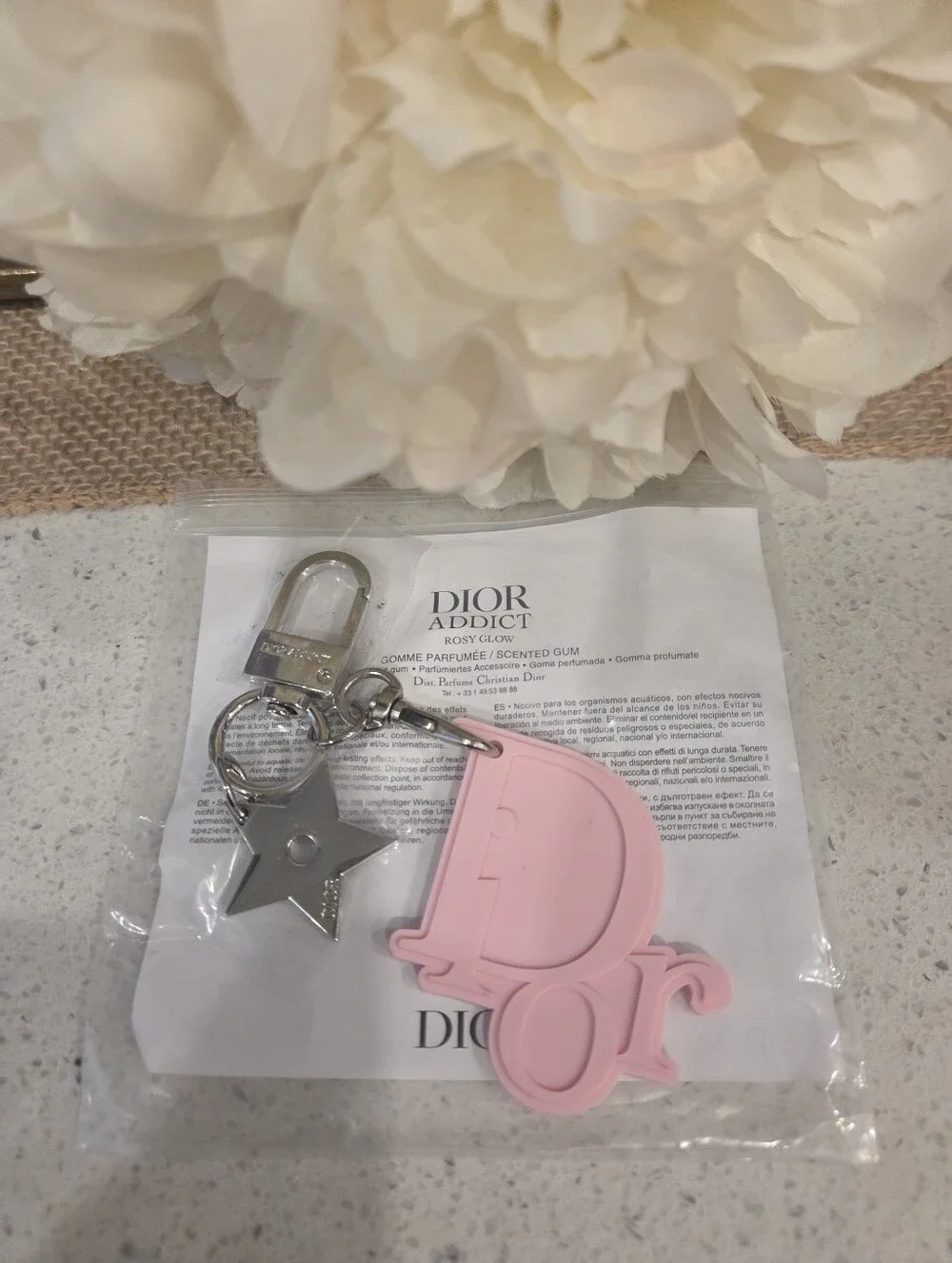 Dior Pink Silicone Logo Keyring with Silver Star Charm